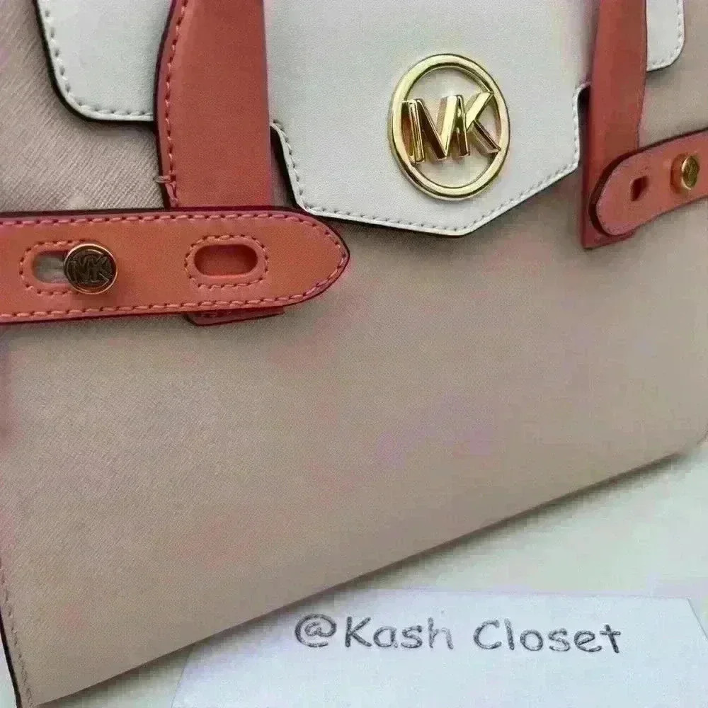 Michael Kors Carmen Medium Satchel Purse Color Block Belted Saffiano Leather - Picture 4 of 10